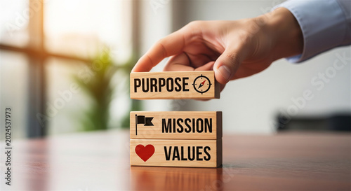 Corporate Purpose, Mission, and Values wooden blocks, business strategy concept with hand stacking timber cubes, company culture and ethics