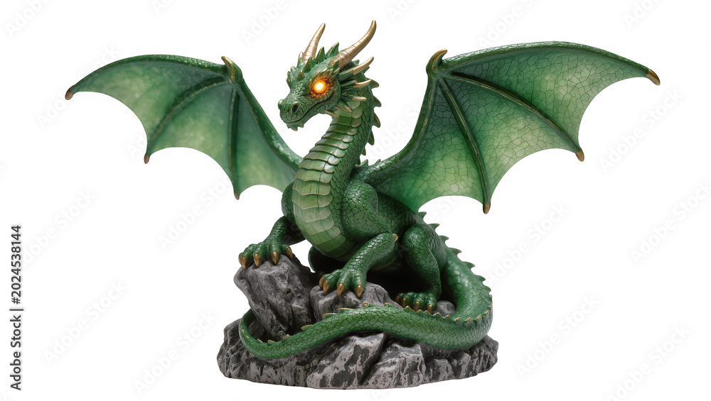 Fototapeta premium Isolated mythical green dragon figurine with glowing eyes perched on a rock fantasy creature