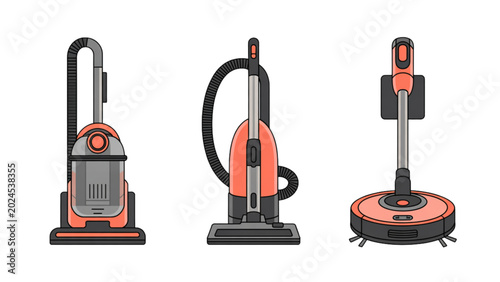 Schilderij op canvas Three colorful vacuum cleaners in a row with different styles and designs