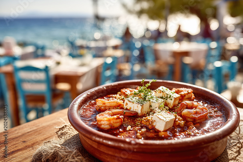 Greek shrimp saganaki with feta cheese in tavern by the sea