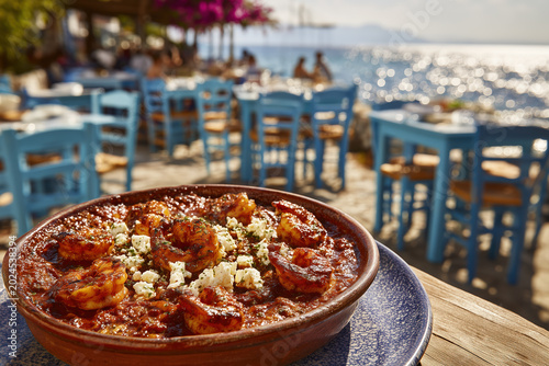 Greek shrimp saganaki with feta cheese in tavern by the sea