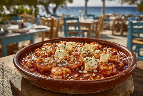 Mediterranean shrimp saganaki served at a seaside Greek tavern table