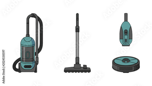 Schilderij op canvas Set of three cleaning equipment tools including vacuum, mop, and scrubber