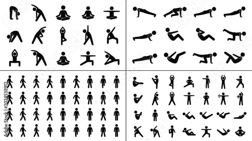 Fotografie Collection of fitness yoga exercise and human activity silhouettes featuring wor