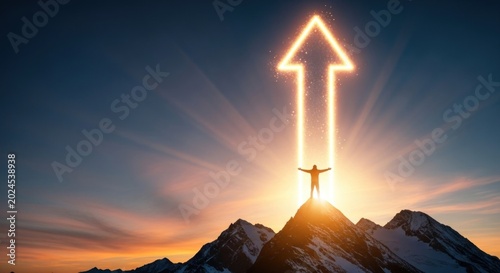 Silhouette of a successful person standing on top of a mountain with a glowing upward arrow.