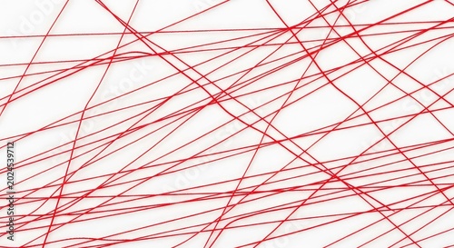 A detailed composition of vibrant red thread forming an intricate and complex web of intersecting lines across a clean white background, weaving, red, element