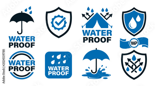 Tableau sur toile Group of blue waterproof icons including umbrellas tents shields water drops seal