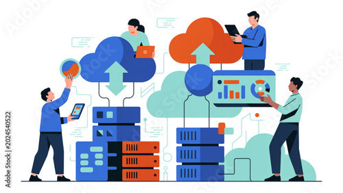 Team of diverse business professionals collaborating with modern technology and cloud icons
