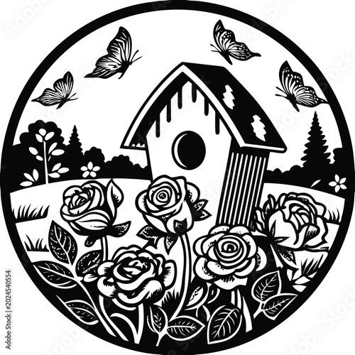 Foto Black and white birdhouse, roses, butterflies vector illustration, garden scene,