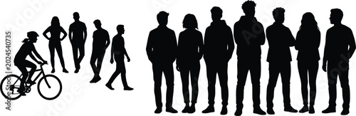 Tableau sur toile Group of young people silhouettes with cyclist standing walking and casual urban