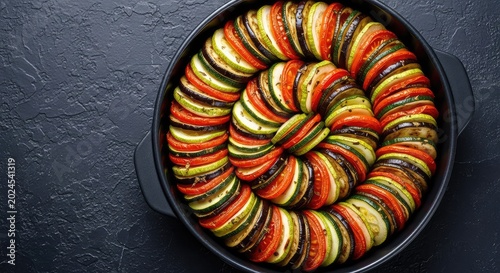 A vibrant top view of classic ratatouille featuring spiral layers of sliced zucchini, eggplant, and tomatoes in a round pan on dark stone, seasonal, overhead, nutrition