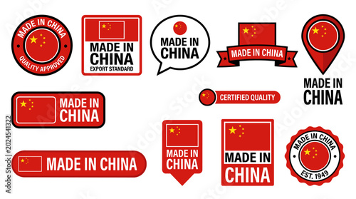 Foto Multiple made in china labels and badges with chinese flag and text quality approved