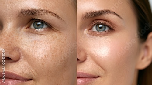 Woman showing a skin transformation. With one side of her face displaying freckles and an uneven texture. While the other side reveals smooth. Clear skin from a cosmetic treatment or skincare routine