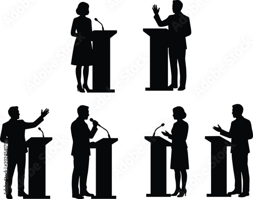 Tableau sur toile Public speaking and debate silhouettes with male and female presenters at podium