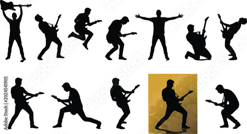 Fotografía Rock guitarist silhouette collection with energetic musicians performing live co