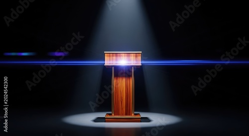 A wooden lectern stands alone on a dark stage, illuminated by a brilliant overhead spotlight and vibrant lens flares against a dark backdrop, design, silent, background