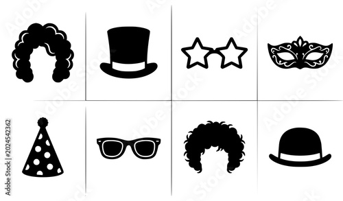 Vászonkép Minimal black party icon vector set with costume wigs festive hats and novelty g