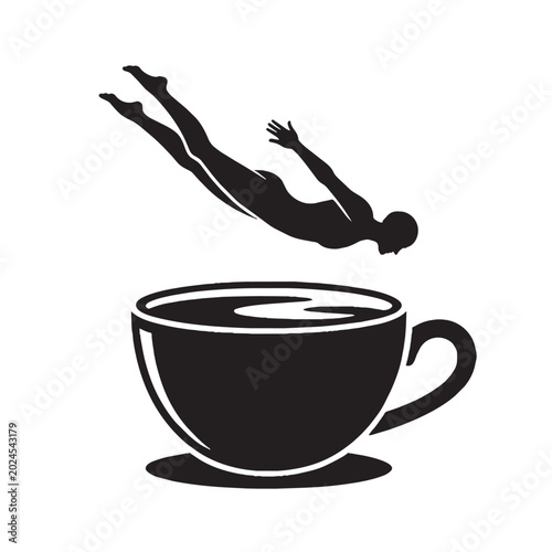 Person diving headfirst into a coffee cup for a morning energy boost silhouette