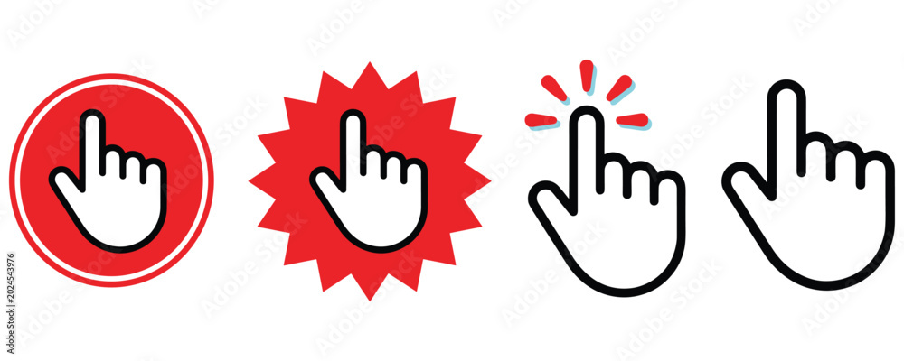 Obraz premium Computer mouse clicker icons with hand cursor and pointer silhouettes.
