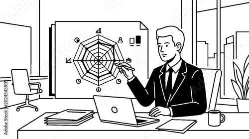 Businessman analyzing performance data on radar chart in office