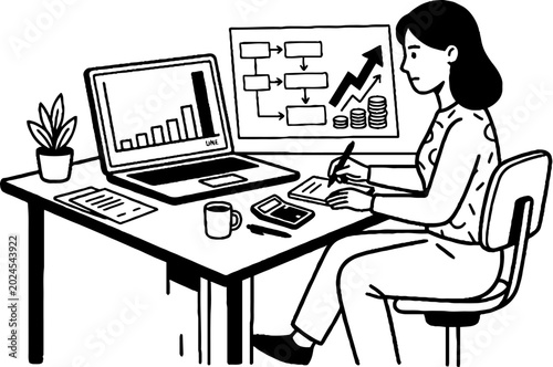 Woman analyzing business workflow and data at office desk