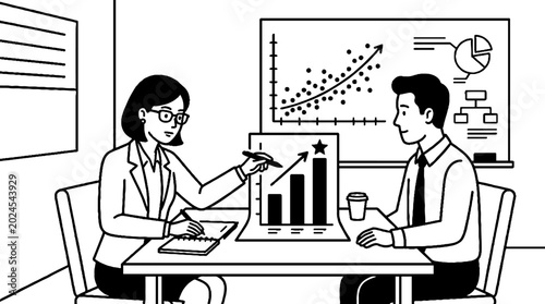 Colleagues discussing business performance and data charts in meeting
