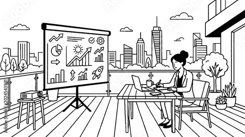 Businesswoman working on project presentation at outdoor rooftop terrace