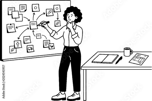 Creative woman brainstorming ideas on whiteboard in office