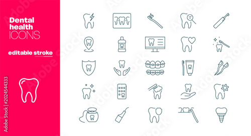 Dental health line icons. Vector set of teeth and dentistry icons, editable strokes