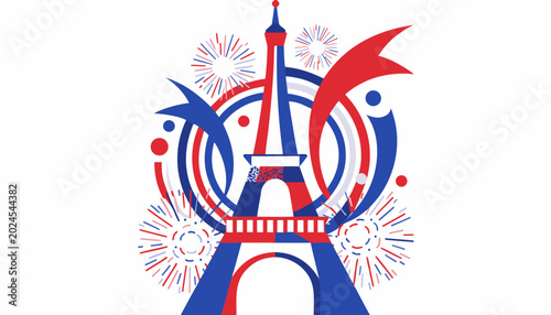 Tableau sur toile French Revolution Bastille Day Fireworks Eiffel Tower Flat Vector Design