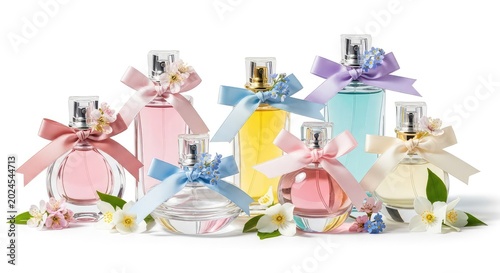 Elegant assortment of vibrant glass perfume bottles decorated with silk ribbons and delicate spring flowers on a clean white background, toiletry, fragrance, yellow