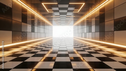 Long corridor with checkered floor and glowing lights