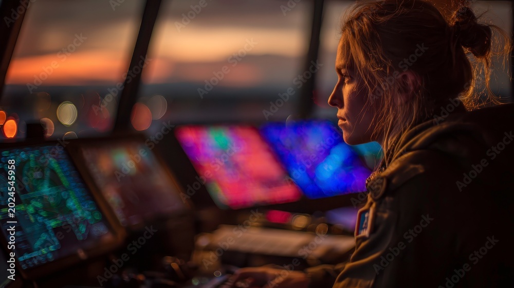 Fototapeta premium Female Operator in Control Room with High-Tech Monitors at Sunset