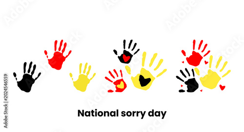 Fotografie National sorry day message with colorful handprints in black red yellow social i