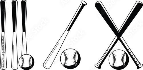 Photography Professional black and white baseball bat and ball icons featuring flat graphic lighting for competitive league branding