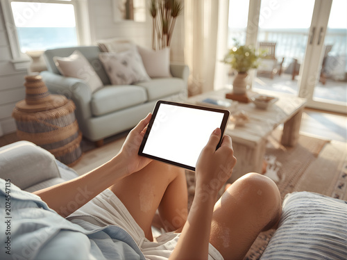 Woman Holding Digital Tablet with Blank Screen in Bright Home