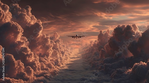 Airplane Flying Through Dramatic Clouds at Sunset Sky