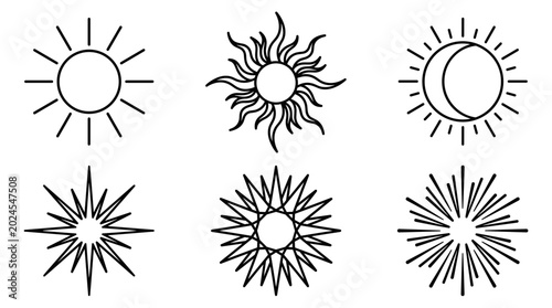 vector outline doodle sun collection with various sunburst rays and moon crescent styles