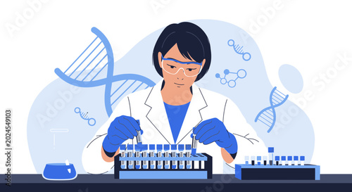 Scientist working with test tubes and DNA helix in laboratory, science research concept