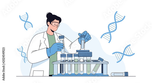 Scientist working with test tubes and DNA helix in laboratory, science research concept