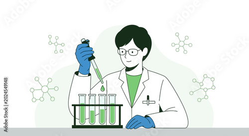 Scientist working with test tubes and pipette in a laboratory, surrounded by molecular structures