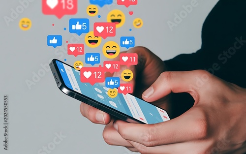 A person's hands holding a modern smartphone displaying a social media feed with numerous colorful like heart, thumbs up, and laughing face emojis floating upwards, indicating engagement and