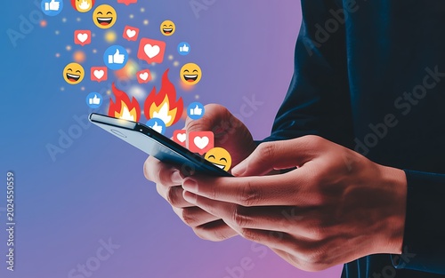 A person's hands holding a smartphone in a dark blue shirt, with a cascade of social media emojis including laughing faces, hearts, thumbs-up, and fire flowing upwards from the screen against a
