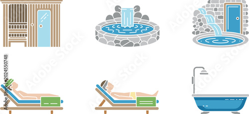 Cuadro en lienzo Sauna and spa wellness center icons set featuring hot tub steam room massage cha