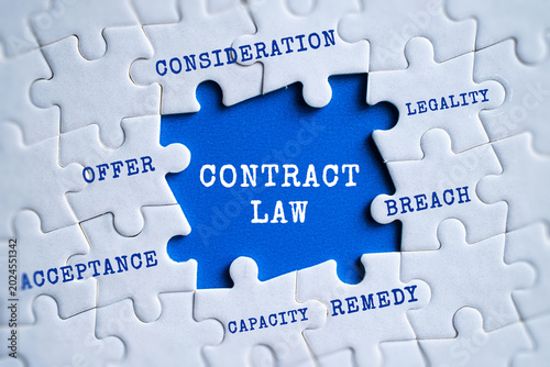 Εκτύπωση καμβά Contract Law blue puzzle piece with related terms Offer, Acceptance, Breach, Rem