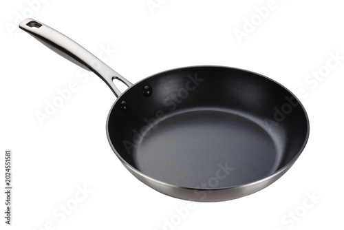 Photos Isolated empty shiny stainless steel frying pan with dark non-stick coating kitc
