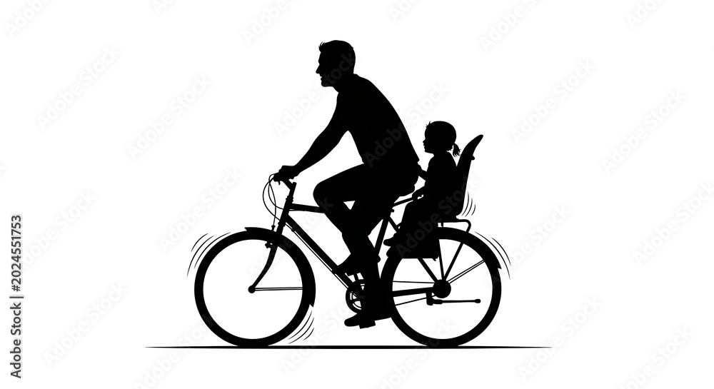 Fototapeta premium Silhouette of a father helping his young child ride a bicycle at sunset.