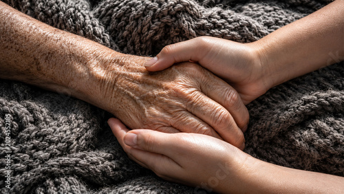 Close up of young hands holding an elderly person hand with care and comfort.