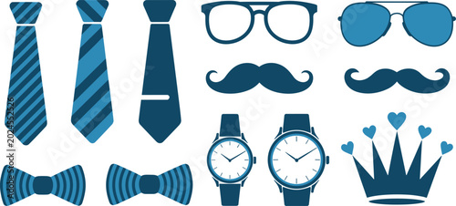 Tableau sur toile Blue flat style gentleman accessory set with neckties bowties mustaches sunglass