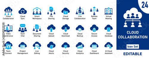 Cloud Collaboration Icons Set for Remote Work, Team Chat, Virtual Meeting, Cloud Storage, AI Assistant, Analytics Dashboard, File Sharing Editable Flat Vector UI Elements